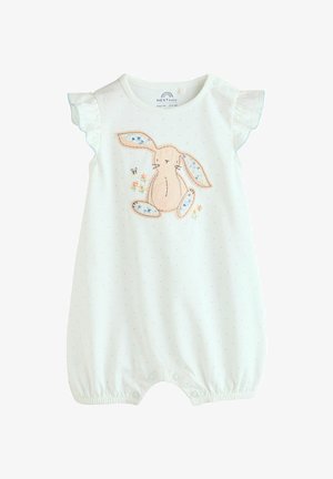 Balta kūdikių romperis su šviesiai mėlynomis taškelėmis, volanų pečiais ir siuvinėtu triušio dizainu, papildytu gėlių akcentais. Apačioje yra spaustukai.