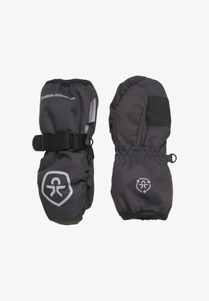 Szürke vízálló kesztyűk elasztikus mandzsettákkal, állítható pánttal és fényvisszaverő logókkal. Texturált felülettel és varrás nélküli kialakítással rendelkeznek a melegség érdekében.