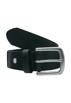 Zwarte leren riem opgerold met een matte zilveren rechthoekige metalen gesp en een enkele metalen klinknagel vlakbij de gespsluiting.