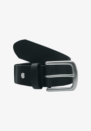 Crni kožni remen uvit u obliku spirale s mat srebrnom pravokutnom metalnom kopčom i jednim metalnim zakovicom blizu petlje kopče.