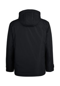 Chaqueta negra con capucha y textura suave, con una espalda de corte recto, puños elásticos y sin patrones ni detalles de hardware visibles.