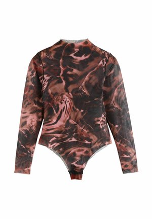 Body a maniche lunghe in tessuto trasparente ed elasticizzato, caratterizzato da un motivo astratto multicolore che si avvolge, in tonalità di rossi scuri e marroni. Design con collo alto.