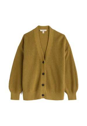 Mosterdkleurige cardigan, geribbelde textuur, lange mouwen, v-hals, met vijf donkere knopen aan de voorkant en een losse pasvorm.