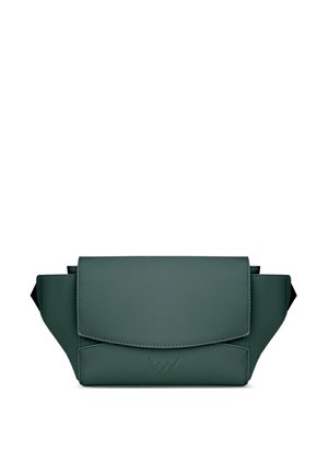 Grüne Leder-Umhängetasche mit umklappbarem Deckel, glatter Oberfläche und dezentem Logo auf der Vorderseite. Verstellbarer Gurt inklusive.