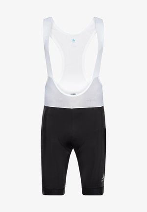 Black cycling bib shorts with white mesh straps. Smooth fabric, padded seat area, and elastic leg openings for comfort and fit.