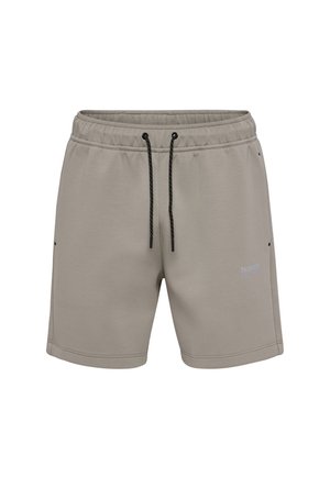 Szare szorty dresowe wykonane z miękkiego materiału, z elastycznym pasem, czarnym sznurkiem do regulacji i subtelnym logo z boku.