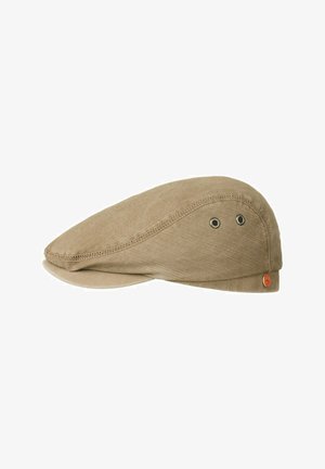 Light brown flat cap with visible stitching, two metal ventilation eyelets on side, and small round orange logo near brim edge.