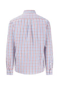 Witte button-up shirt met een geruit patroon in rood en blauw. Beschikt over lange mouwen en een standaard kraag. Achteraanzicht met een plooi-detail.