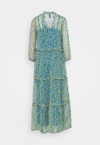 Robe longue en bleu transparent avec un motif floral jaune, design en étages, décolleté en V et manches longues. Tissu doux et léger et silhouette fluide.