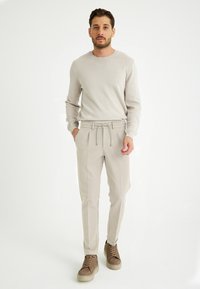 Lichtgrijze trui met een ronde hals, gecombineerd met lichtgrijze geplooide broeken en beige sneakers. De outfit heeft een trekkoord in de taille.