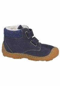 Marineblaue Leder-Stiefelette mit zwei Klettverschlüssen, einem Filzkragen und einer Gummisohle mit strukturiertem Grip-Muster. Neutrale Innenausstattung.