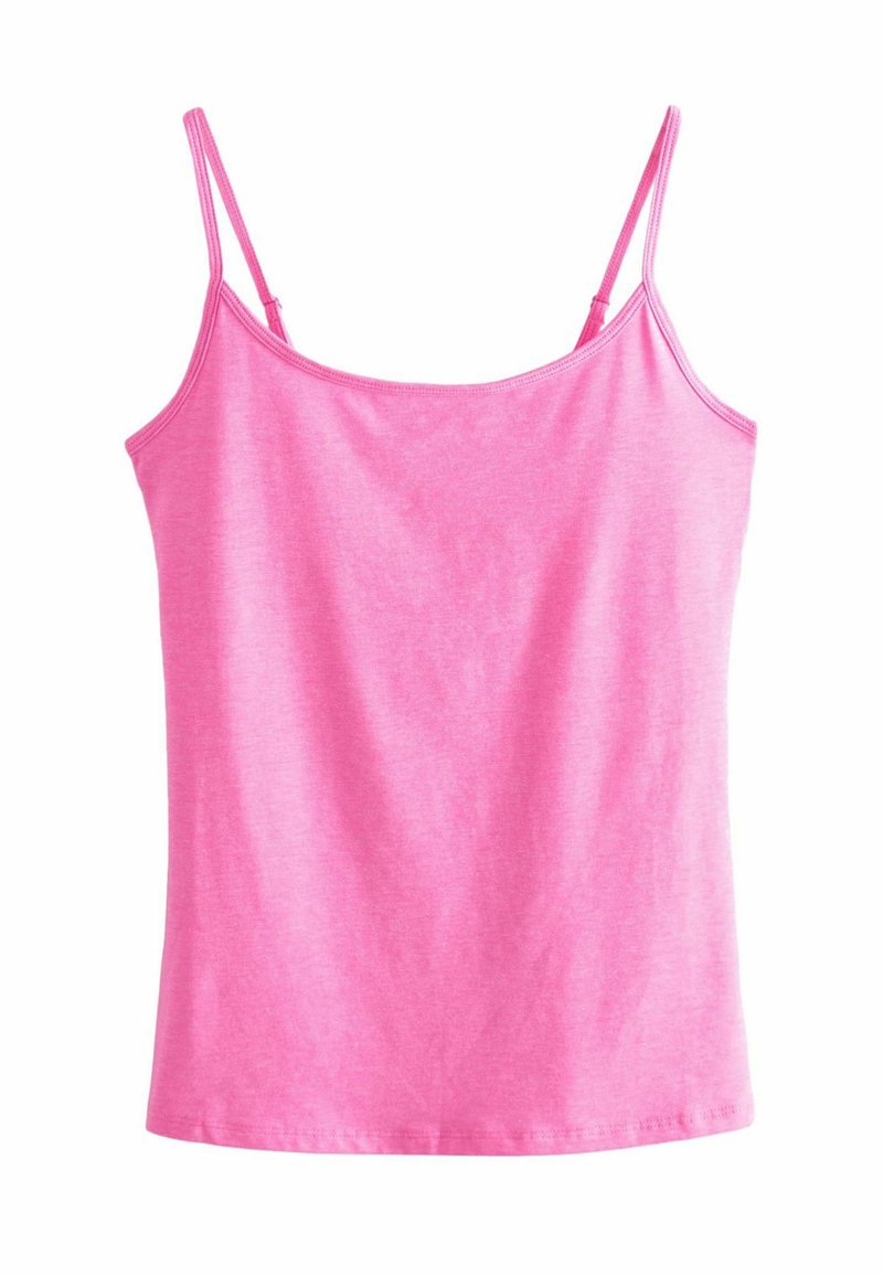 Camiseta sin mangas ajustada de color rosa con tirantes finos, hecha de tela suave y liviana. Presenta una textura lisa y un dobladillo recto en la parte inferior.