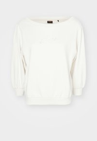 Witte sweatshirt met een wijde halslijn en volumineuze mouwen. Heeft geborduurde tekst in een subtiele stijl. Gemaakt van zachte, textuurrijke stof.