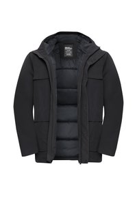 Veste isolante noire avec fermeture éclair, capuche et plusieurs poches avant. Tissu extérieur lisse avec un design intérieur rembourré.