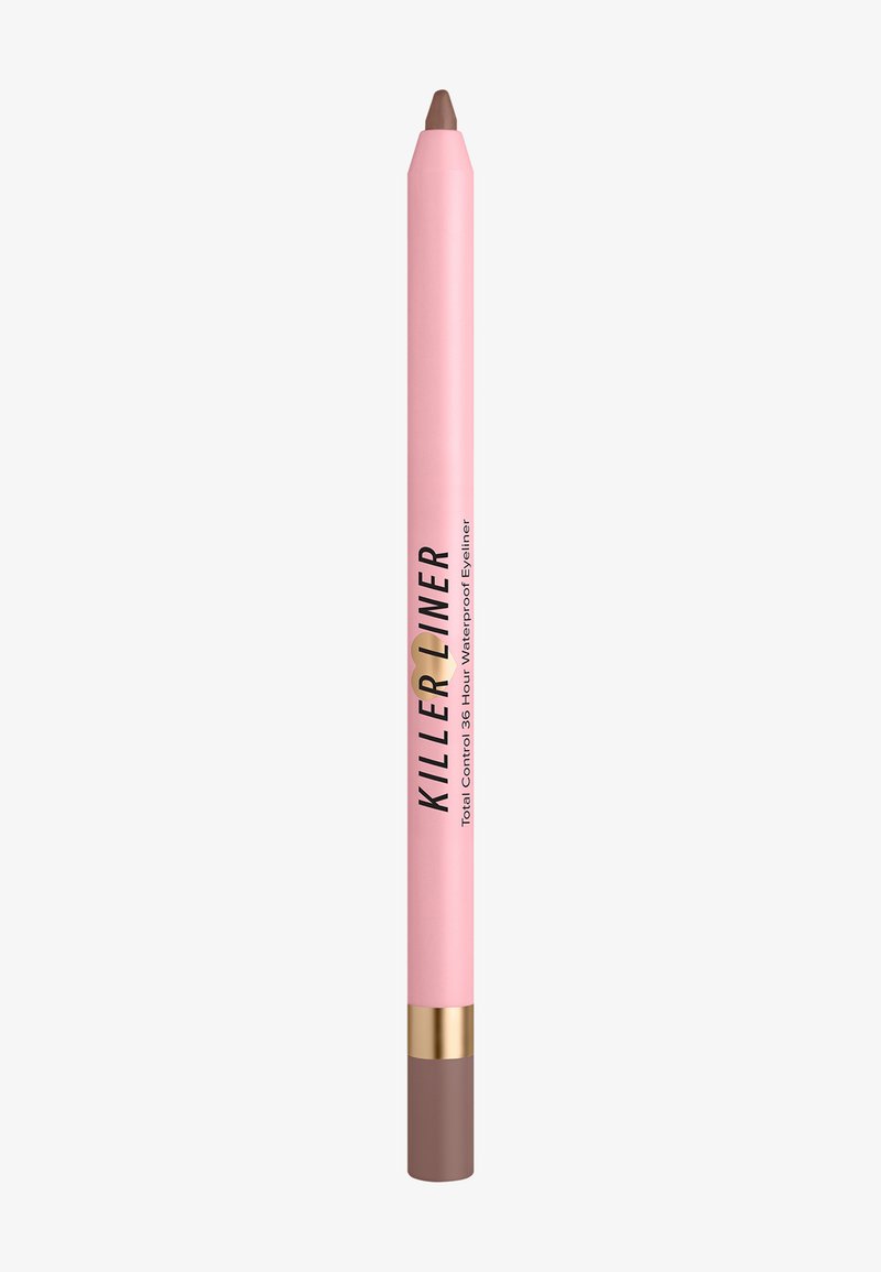 Waterproof eyeliner potlood met een roze behuizing, gouden accent en een bruine punt met het label "Killer Liner Total Control 36 Hour Waterproof Eyeliner."