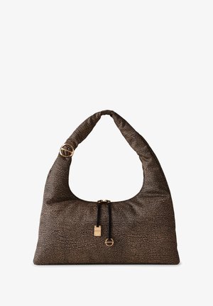 Bruin, gestructureerd stoffen hobo-tas met een gebogen schouderriem, ritssluiting en goudkleurige hardware-accenten. Kenmerkt een patroon op het oppervlak.