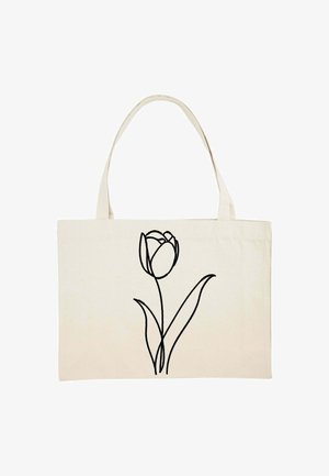 Beige draagtas met twee handvatten, voorzien van een eenvoudige zwarte lijntekening van een enkele tulp met steel en bladeren.