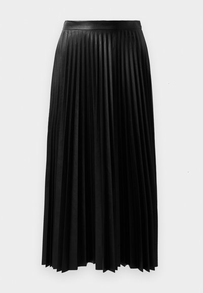 Fustă neagră plisată din material texturat, având un talie ajustată și plisuri lungi, fluide, care se extind până la jumătatea gambei.