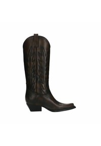 Botte de cowboy en cuir marron avec un bout pointu, un talon empilé et un motif de feuille en relief sur la tige. Elle dispose d'une languette de traction en haut.