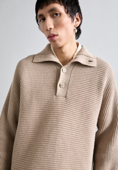 Beige knitted pullover with a collar, featuring a half-button placket and ribbed texture. Notable two-button details on the placket.