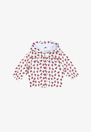 Rød jakke med kirsebærmønster, let og med hætte, hvid baggrund, elastiske manchetter og en rufflekant over brystet.