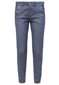 Denimchinos i mörkblått, slim fit, med framfickor, knäppt midja och subtil struktur. Ankel-längd med smalnande benöppningar.