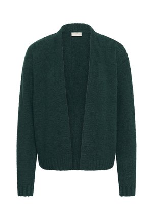 Temno zelena pletena jopica z odprtim sprednjim delom, dolgimi rokavi in rebrastimi manšetami ter robom. Mehka tekstura z udobnim krojem.