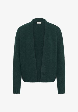 Sötétzöld kötött kardigán nyitott elülső résszel, hosszú ujjakkal, bordázott mandzsettákkal és szegéllyel. Puha tapintású, kényelmes szabású.