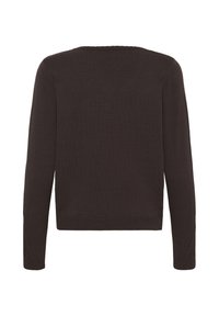 Pull en maille marron foncé à manches longues avec ourlet côtelé et détail texturé subtil près des poignets, vu de dos.