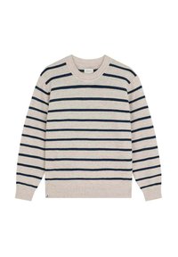 Beige Pullover mit navyblauen horizontalen Streifen, Rundhalsausschnitt, gerippten Bündchen und Saum, weicher Textur, lässiger Stil.