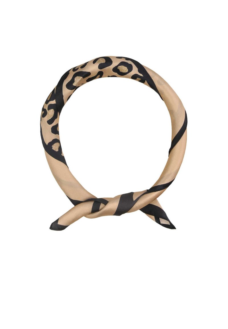 Leopardi mustriga siidist sall, millel on tan värvi aluspind ja mustad aktsendid, esitleb keeratud disaini ja sujuvat tekstuuri.