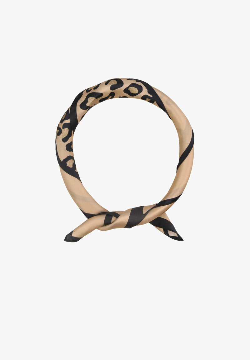 Leopardi mustriga siidist sall, millel on tan värvi aluspind ja mustad aktsendid, esitleb keeratud disaini ja sujuvat tekstuuri.