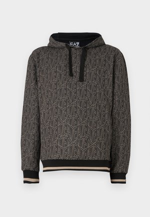 Zwarte hoodie met een herhalend geometrisch patroon, gemaakt van een gestructureerde stof. Kap met zwarte trekkoorden en gestreepte manchetten aan de onderkant.