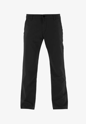 Pantalones negros de un tejido suave y ligero. Cuenta con un cierre de botón, parte delantera plana y diseño de pierna recta sin patrones visibles.