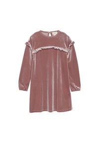 Samtkleid in sanftem Pink mit langen Ärmeln, Rüschendetails auf der Brust und einem Schlüssellochverschluss auf der Rückseite. Sanfte Textur und lockere Passform.