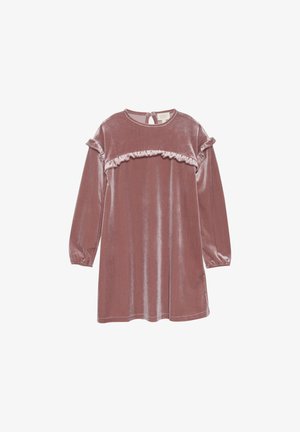 Samtkleid in sanftem Pink mit langen Ärmeln, Rüschendetails auf der Brust und einem Schlüssellochverschluss auf der Rückseite. Sanfte Textur und lockere Passform.