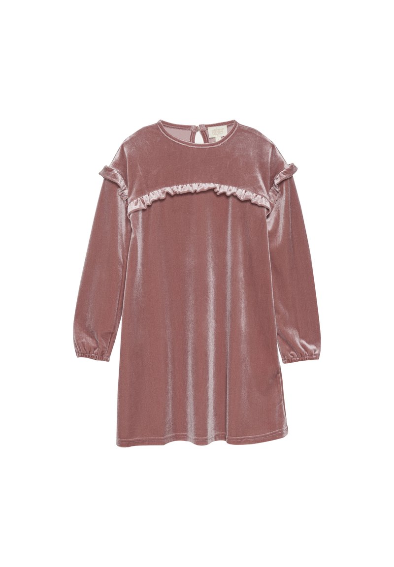 Samtkleid in sanftem Pink mit langen Ärmeln, Rüschendetails auf der Brust und einem Schlüssellochverschluss auf der Rückseite. Sanfte Textur und lockere Passform.