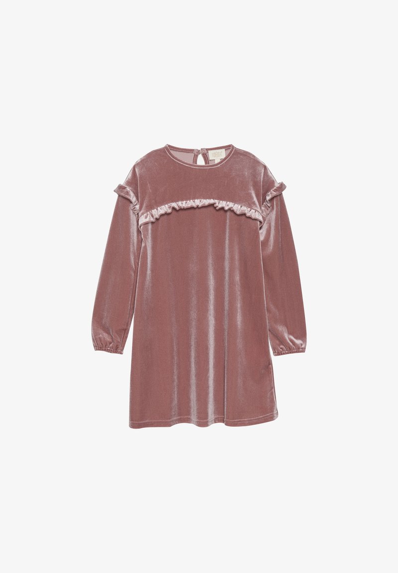Sammetklänning i mjuk rosa med långa ärmar, volangdetaljer över bröstet och nyckelhålstängning bak. Slät textur och avslappnad passform.