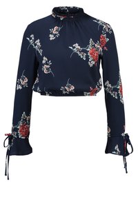 Námořnická modrá dlouhá cropped blůza s vysokým límcem, květinovým potiskem, elastickým pasem a zavazovacími širokými manžetami na rukávech.