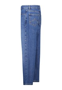 Blaue Jeans aus Denim mit hoher Taille, Gesäßtaschen und kleinen Metallnieten, die entlang der äußeren Seitennaht beider Beine verlaufen.