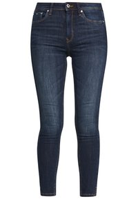 Mörkblå smala jeans i denim, med knappstängning, femficksdesign och kontrasterande sömmar längs kanterna.