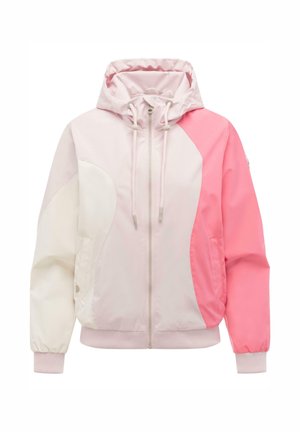 Giacca con cappuccio e zip a blocchi di colore in crema, rosa chiaro e rosa acceso, con polsini e orlo a coste e cappuccio con coulisse.