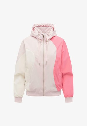 Hoody met ritssluiting en kleurvlakken in crème, lichtroze en felroze, met geribde manchetten en zoom, en trekkoordkap.