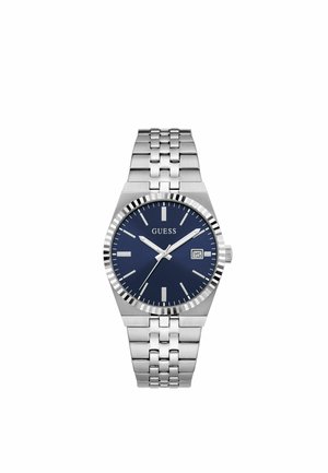 Silver metal wristwatch with blue face, silver hour markers, three hands, date display, and linked bracelet strap.