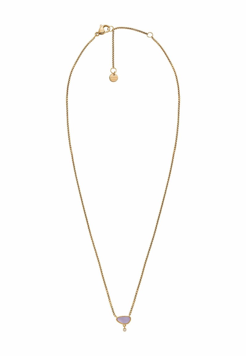 Collier délicat en chaîne dorée avec un petit pendentif en demi-cercle lavande et une petite pierre claire pendante.