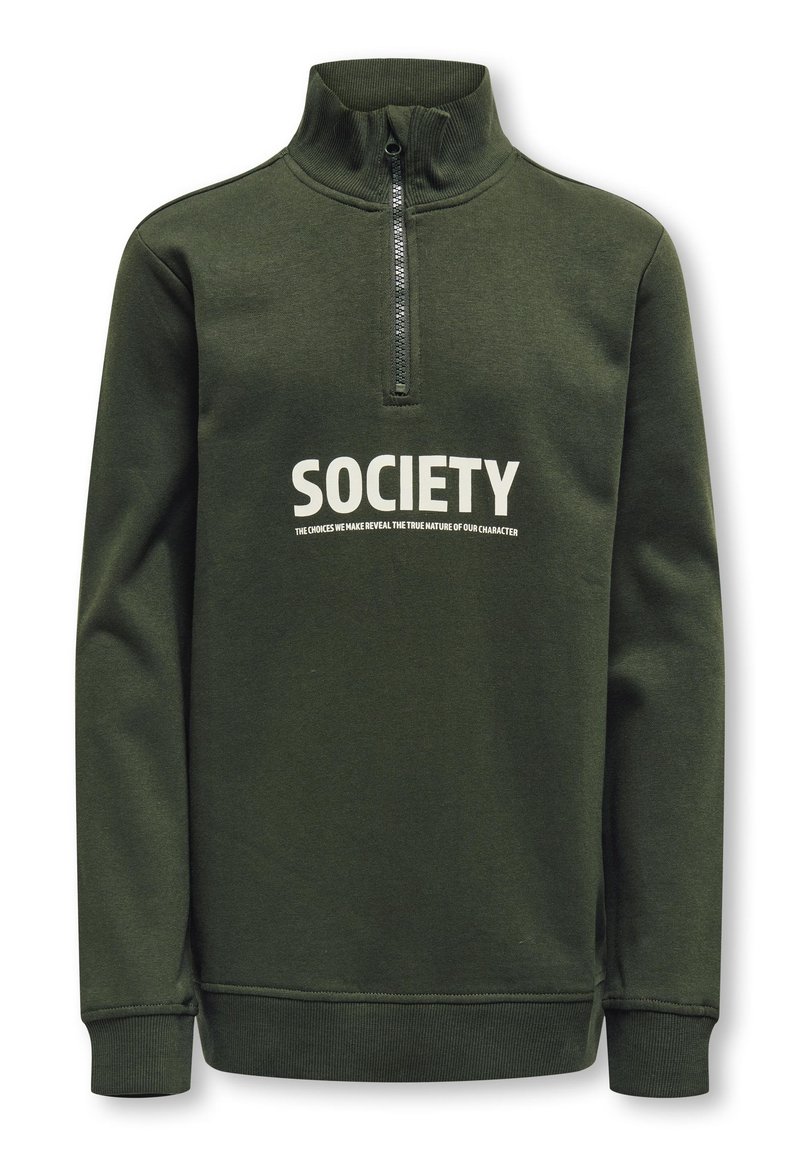 Felpa lunga verde scuro con zip alta. Presenta una grafica bianca "SOCIETY" e una texture sottile. Maniche e orlo a costine.