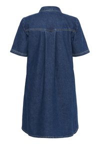 Robe chemise en denim, bleu foncé, manches courtes, col, détail de pli au dos, couture visible, forme évasée, longueur genou.