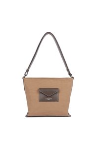 Sac à main en toile marron clair avec garniture en cuir marron foncé, poche avant de style enveloppe et une seule bandoulière.