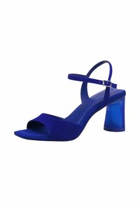 Blå mocka högklackad sandal med öppen tå och ankelrem, som har en klarblå blockklack. Slät textur, minimalistisk design.