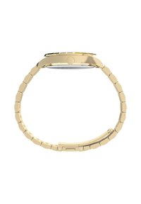 Goldfarbene Metallarmbanduhr mit Gliederarmband und regenbogenfarbenem Lünettenrand, seitlich mit geschlossenem Verschluss dargestellt.